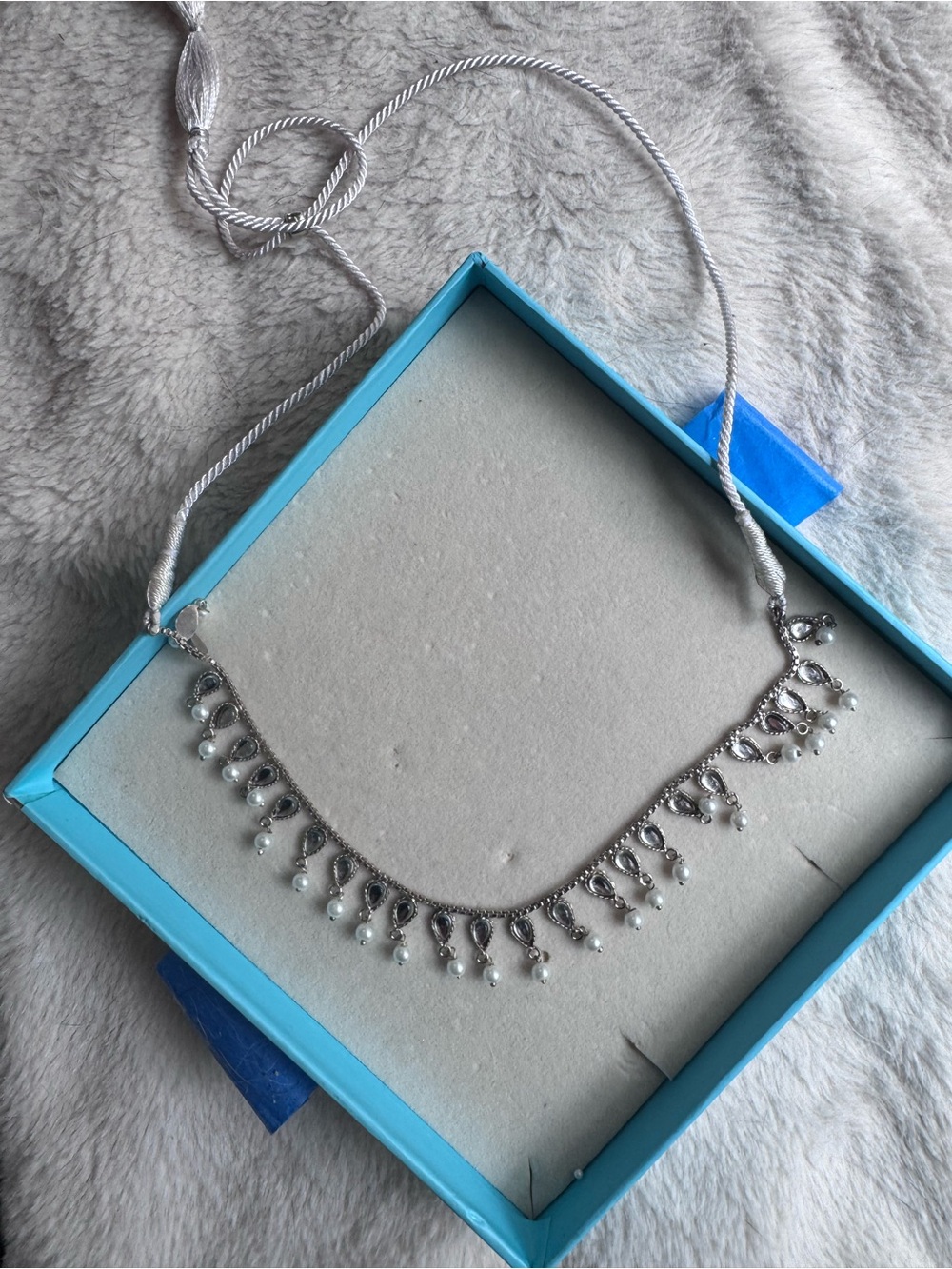Silver Choker Necklace - Indian Tribal Boho Style with Teardrop Kundan & Pearls